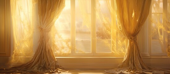 Bright sunlight is filtering through a window, casting a warm glow on a chair and a pair of curtains in a cozy indoor space