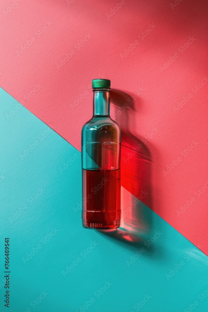 Poster a bottle of alcohol sitting on a table. suitable for various concepts