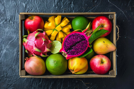 A crate full of fruit including apples, pears, mangoes, and limes. The crate is on a black surface. Tropical fruits in a wooden box: mango, dragon fruit, lime, pomegranate, plum, apple.