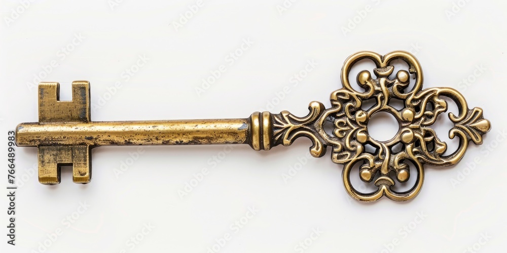 Poster A golden key with ornate design on a white background. Ideal for concepts related to security and access