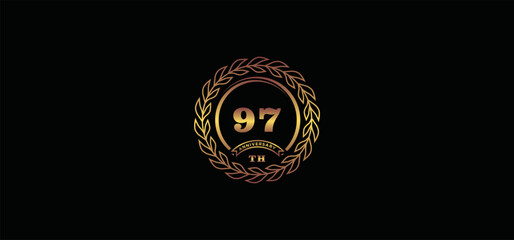 97st anniversary logo with ring and frame, gold color and black background