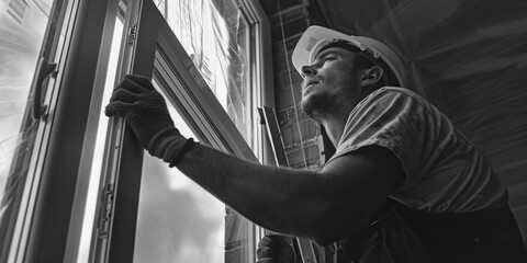 A man working on a window. Suitable for construction or renovation projects