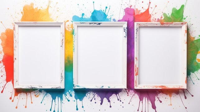 Picture frames with colorful splash ink for Holi festival and celebration. Frame with powder color on white background.