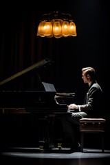 Man playing piano on stage with spotlight