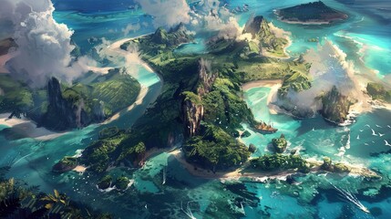 Fototapeta na wymiar Bird's eye view illustration of a mysterious tropical island.