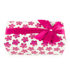 Gift white box with pink satin ribbon isolated on white background.