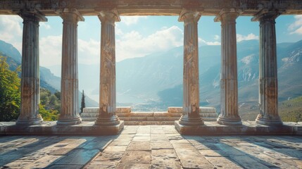 Fototapeta premium Stunning view of mountains seen through architectural columns. Ideal for travel and architectural concepts