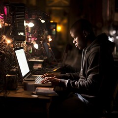 A young African American male works on a laptop in a dimly lit room - obrazy, fototapety, plakaty