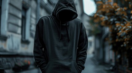 A man wearing a black hoodie standing on a city street. Suitable for urban themes - obrazy, fototapety, plakaty