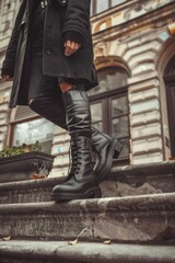 Woman in black boots walking up steps, suitable for lifestyle or motivational concepts
