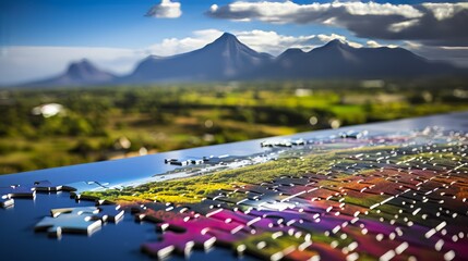 Colorful puzzle pieces on a table with a beautiful landscape in the background