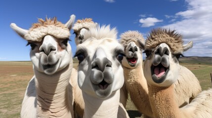Four funny llamas looking at the camera - obrazy, fototapety, plakaty