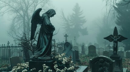 A haunting image of an angel statue in a foggy cemetery. Suitable for spooky or Halloween-themed designs