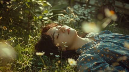 A woman peacefully laying in the grass. Perfect for relaxation or mindfulness concepts