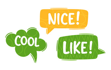 Nice, Cool And Like Dialog Speech Bubbles, Vector Yellow And Green Clouds For Comics And Graphic Novel