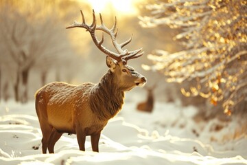 A majestic deer stands in the snow-covered forest - obrazy, fototapety, plakaty