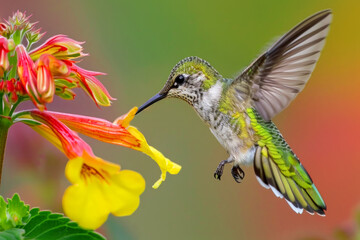 A hummingbird is eating a flower. The flower is yellow and the bird is green. The image has a peaceful and serene mood. a hummingbird drinking nectar