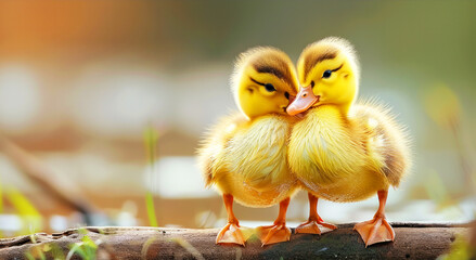 Two baby ducks are standing on a branch, looking at the camera. Concept of innocence and warmth, as the young birds seem to be enjoying each other's company