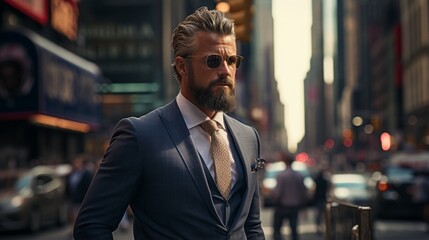 A man in a suit and sunglasses is walking down a busy street