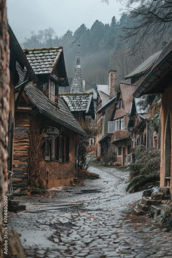 Poster a quaint cobblestone street in a charming small village. perfect for travel and architecture concept
