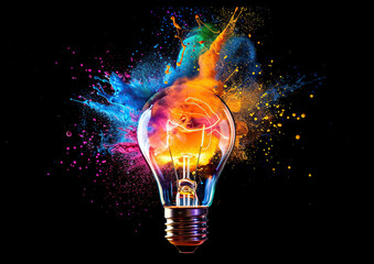 Creative light bulb explodes with colorful paint splashes. Brainstorming concept Banner