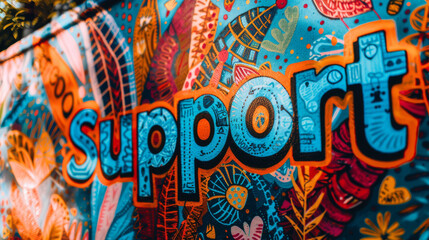 The word 'Support' is written in bold font on a bright blue background in the image. - obrazy, fototapety, plakaty