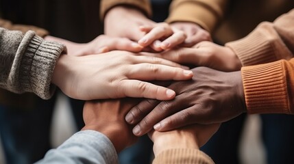 A group of diverse people joining their hands together - obrazy, fototapety, plakaty