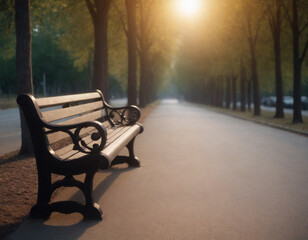 Fototapeta na wymiar Sunlit Empty Park Bench on Peaceful Alley at Dawn