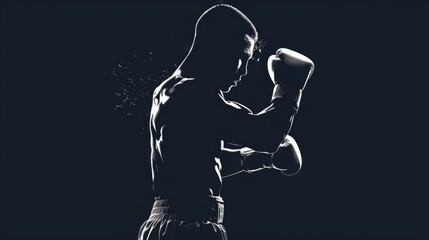 Fototapeta na wymiar A man in a boxing stance, black and white photo. Suitable for sports themes