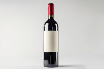 A single bottle of rich red wine standing proudly against a crisp white background, its blank label awaiting customization.