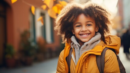 Portrait of a smiling young girl with curly hair wearing a yellow jacket and a backpack - obrazy, fototapety, plakaty