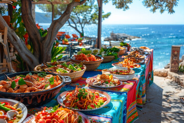 Dinner Plates on a colourful table at seaside