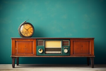 Retro radio and clock on wooden table with green wall background