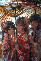 Fototapeta premium Group of Asian women sheltering under umbrella, suitable for weather or friendship concepts