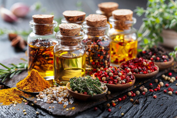 Spices and bottles of oil
