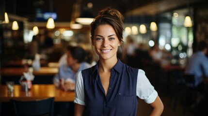Portrait of a smiling young woman standing in a restaurant - Powered by Adobe