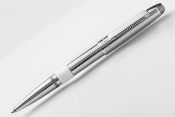 A sleek silver ballpoint pen, with a blank label for customization, isolated on a white background.