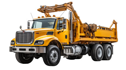 A bright yellow truck with a crane on the back, reaching up towards the sky