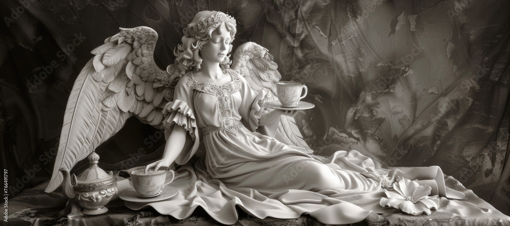 Poster a serene angel statue resting on a table, suitable for various themes