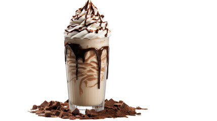 A milkshake is adorned with a generous swirl of fluffy whipped cream and drizzled with rich chocolate sauce