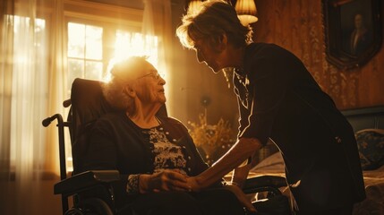 Two women in wheelchairs having a conversation. Suitable for disability awareness campaigns - obrazy, fototapety, plakaty
