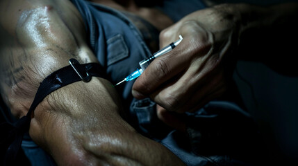 A drug addict takes a shot, carrying a syringe in his hand, about to inject it into his muscular upper arm, might be a prisoner
