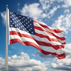 Close up of American flag waving in the wind against a blue sky with clouds