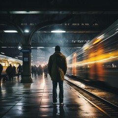 Man in a yellow jacket standing on a train platform at night with blurred train passing by - obrazy, fototapety, plakaty