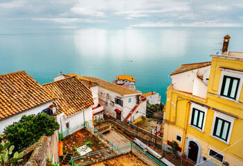 The Amalfi coast of Italy. View of the houses above the sea and the Tyrrhenian Sea