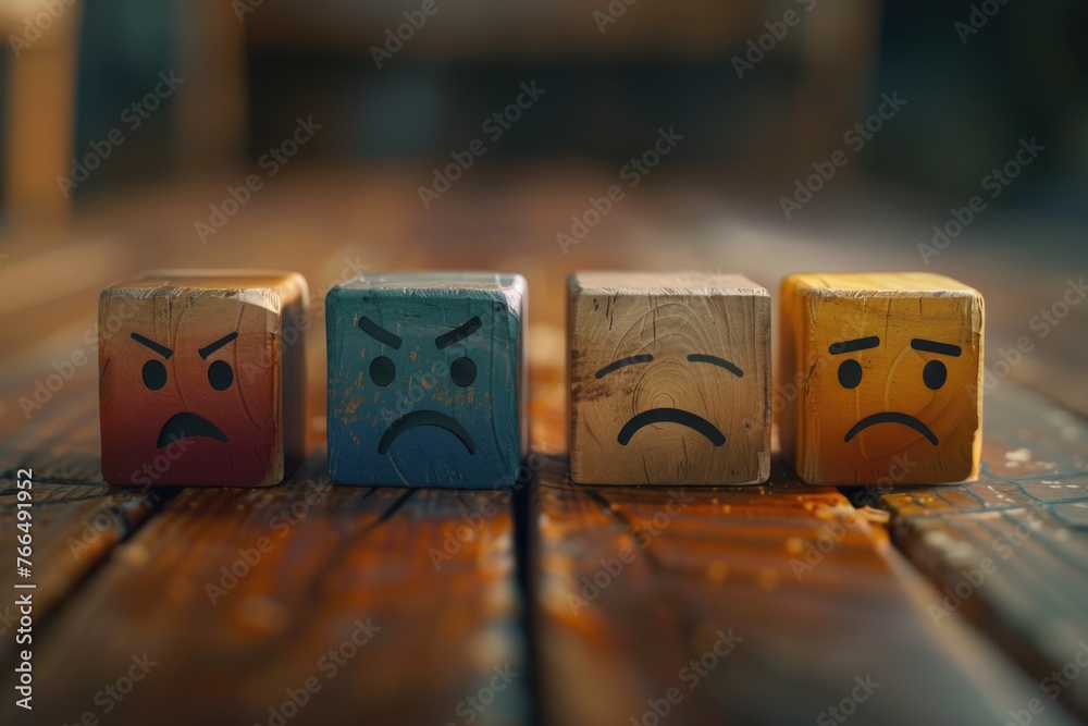 Poster row of wooden blocks with faces drawn on them, suitable for educational concepts
