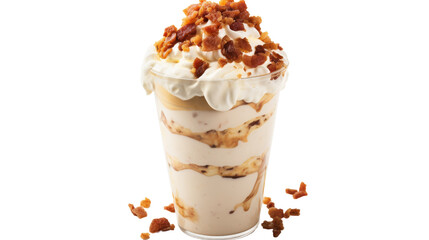 A milkshake with whipped cream topped with crispy bacon strips