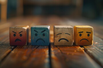 Row of wooden blocks with faces drawn on them, suitable for educational concepts