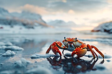 A vibrant crab stands amidst melting ice, against a polar sunset backdrop