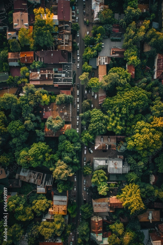 Poster aerial view of a city with abundant trees. suitable for urban planning concepts